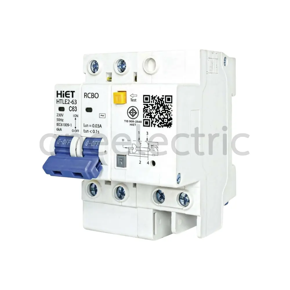 เมนเซอร์กิตเบรกเกอร์ กันดูด RCBO 2P (2P+N) 63A 30mA 10KA HIET